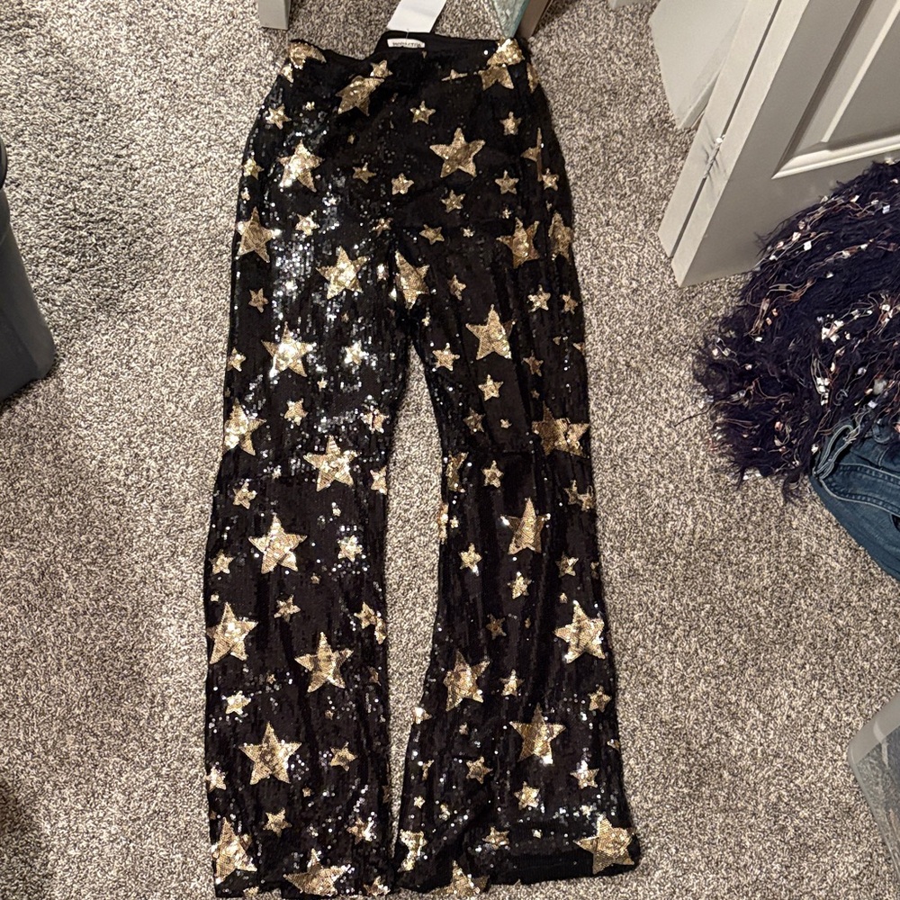 NWT Black and Gold Star Sequin Pants small new